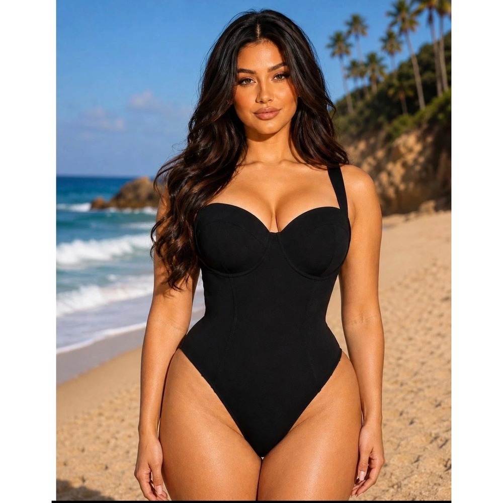 TA3 Hi Cut Lifty One Piece Swimsuit Black Lace Up Back Sculpting Size M Regular